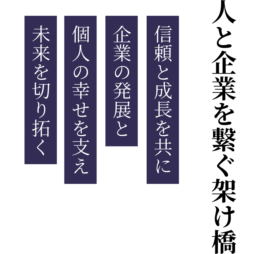 人と企業を繋ぐ架け橋 信頼と成長を共に 企業の発展と 個人の幸せを支え 未来を切り拓く